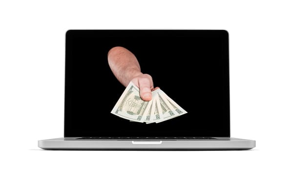 Getting money from laptop monitor screen - Online Transaction, Online Banking theme.