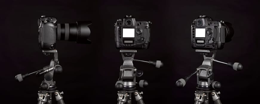 Three angle of Black digital camera on black background
