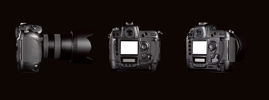 Three angle of Black digital camera on black background with clipping path