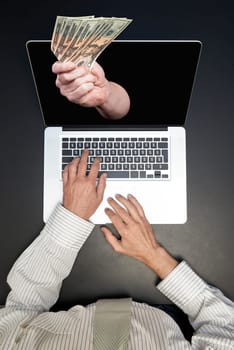Getting money from laptop monitor screen - Online Transaction, Online Banking theme.