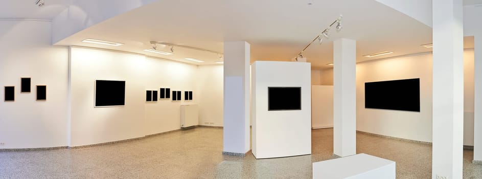 exhibition gallery, wall mounted art with museum style lighting, the art has been removed and replaced. There are path for the frame