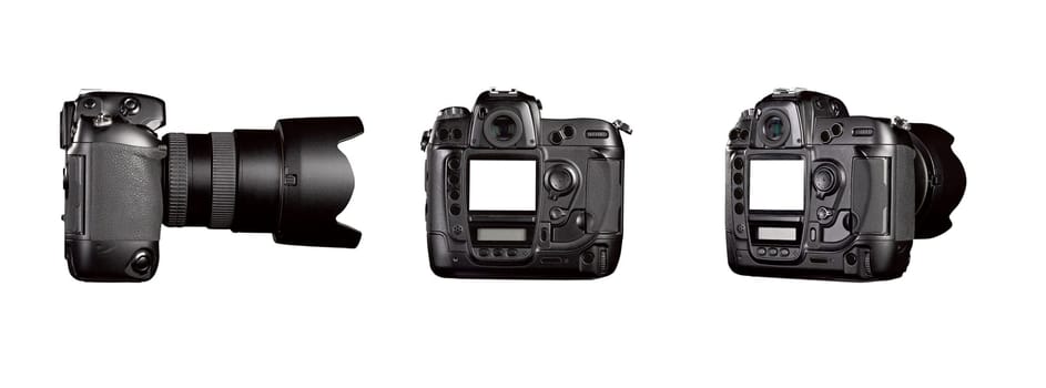 Three angle of Black digital camera on white background with clipping path