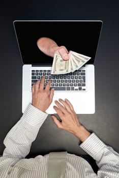 Getting money from laptop monitor screen - Online Transaction, Online Banking theme.