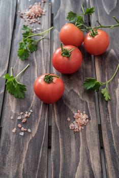 Tomatoes parsley and salt on a dark wooden background