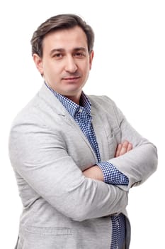Portrait of smiling young business man in white coat