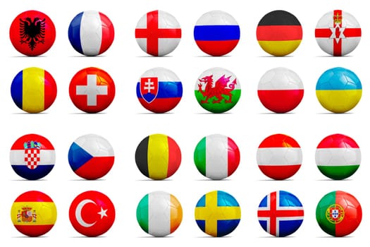 Four Soccer balls with groups team flags, Football Euro cup 2016.