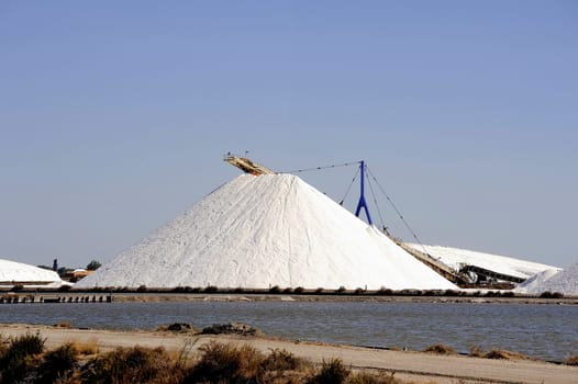 Site operating sea salt saline Aigues-Mortes with big machines and trucks working for the salt storage
