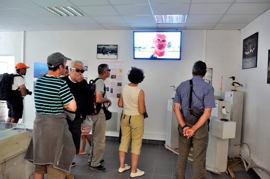 Tourists watching a video saline Aigues-Mortes on the history of the company and the company work.