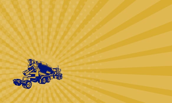 Business card showing illustration of a cement truck vehicle viewed from rear set on isolated white background done in retro woodcut style.