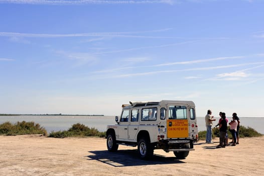 Tourists visiting the Camargue 4x4 with a guide to explain the area and wildlife such as flamingos.