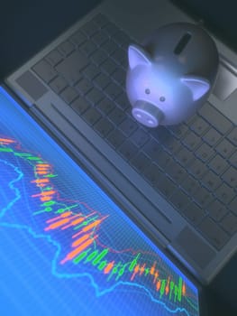 Piggy bank on laptop keyboard looking at the chart of the stock market.