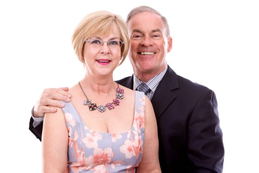 retired couple dressed up on white isolated background