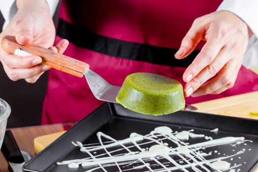 chef making homemade green tea cakes