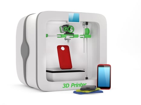 3D printer with used smartphone cover isolated on white background