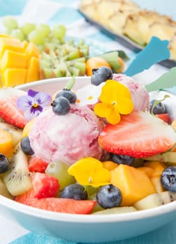 Colourful fruit salad made from fresh fruit and two scoops of ice cream