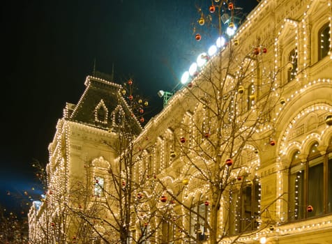 Rich night illumination on the building during the Christmas holidays