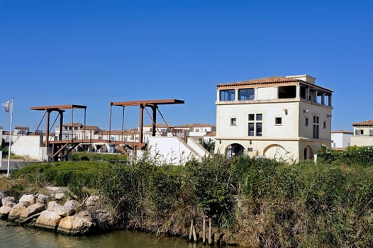 Residential area with marina at Aigues-Mortes in the heart of the Camargue in the south-east of France.