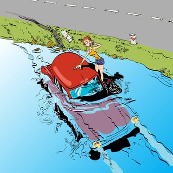 Car accident girl driver. Transport and machines. The rules of the road. The car sank under water
