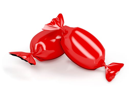 Two red wrapped candies on white background
