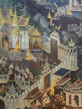 Ancient Buddhist temple mural painting of the life of Buddha in Bangkok, Thailand