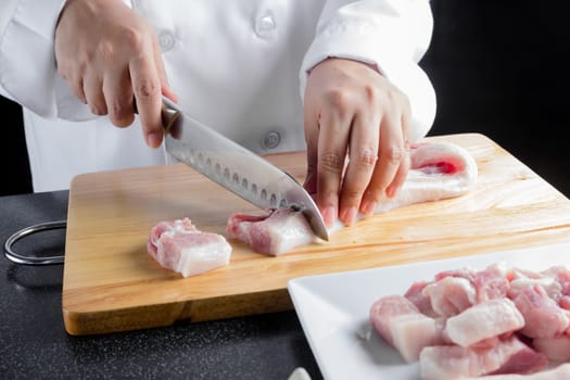 chef sliced streaky pork on cutting boards