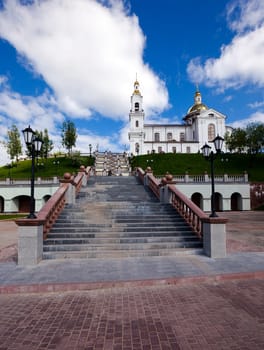 located on a hill church to which a staircase. Belarus.