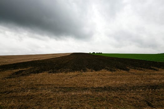 an agricultural field which starts being prepared for a new season. the plowed field. fall