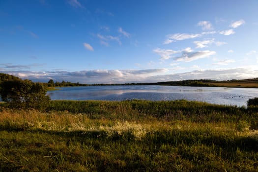 Photo of Lake in the territory of the Republic of Belarus. Summer. Blue sky.
