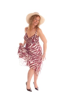 A image of a happy blond woman dancing in a summer dress, with an.straw hat, smiling, isolated for white background..