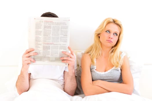 View of a Young woman bored while her boy reading news