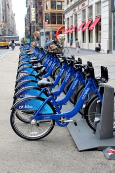 NEW YORK -  SEPTEMBER 02: Citi Bike docking station on September 02, 2013 in New York. Citi Bike is a privately owned for-profit public bicycle sharing system, intended to provide people with an additional transportation option for getting around New York City.