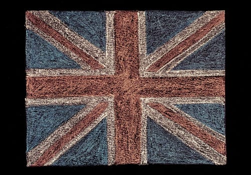 United Kingdom (British Union jack) flag, hand drawing with chalk on blackboard isolated on black background, vintage concept