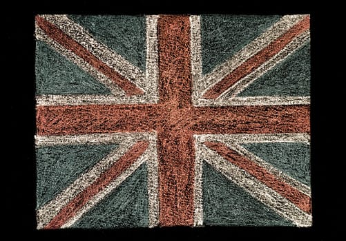 United Kingdom (British Union jack) flag, hand drawing with chalk on blackboard isolated on black background, vintage concept