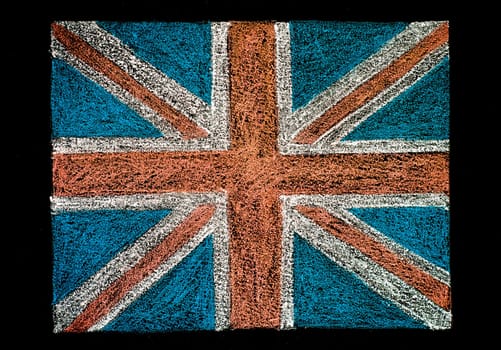 United Kingdom (British Union jack) flag, hand drawing with chalk on blackboard isolated on black background, vintage concept