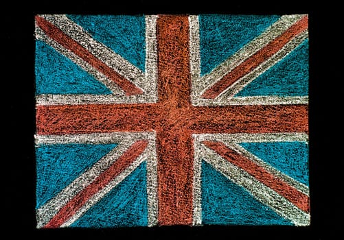 United Kingdom (British Union jack) flag, hand drawing with chalk on blackboard isolated on black background, vintage concept