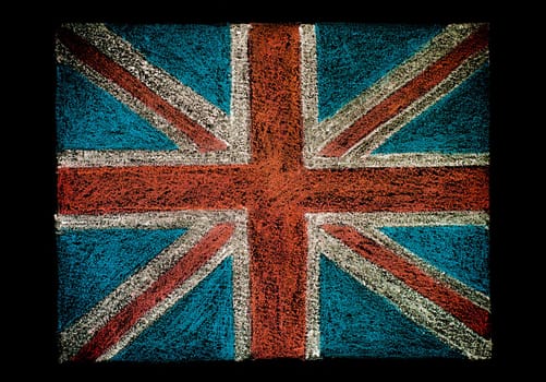 United Kingdom (British Union jack) flag, hand drawing with chalk on blackboard isolated on black background, vintage concept