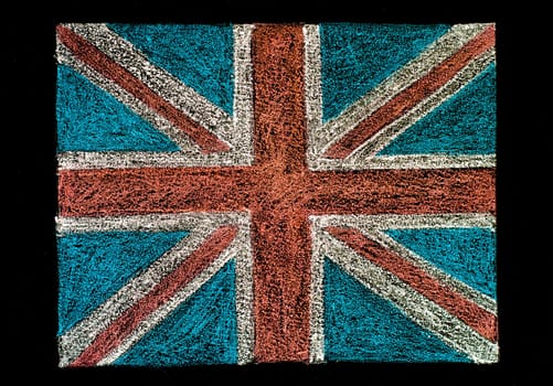 United Kingdom (British Union jack) flag, hand drawing with chalk on blackboard isolated on black background, vintage concept