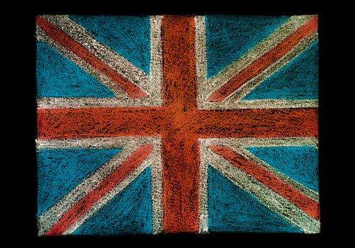 United Kingdom (British Union jack) flag, hand drawing with chalk on blackboard isolated on black background, vintage concept