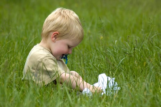 A 2 year old sitting in the grass.