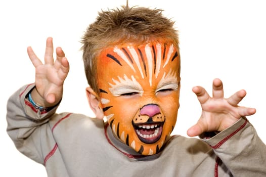 Kid with lion painted face. On white background.