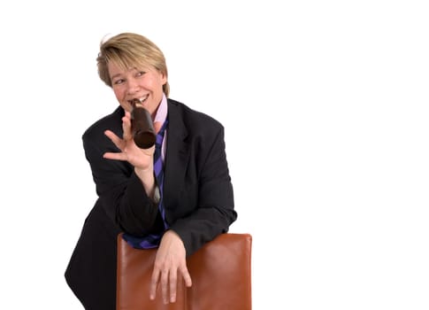 A businesswoman is having a drink after a major succes. Looking at her left. This space can be used to fill with e.g. text. On white background.