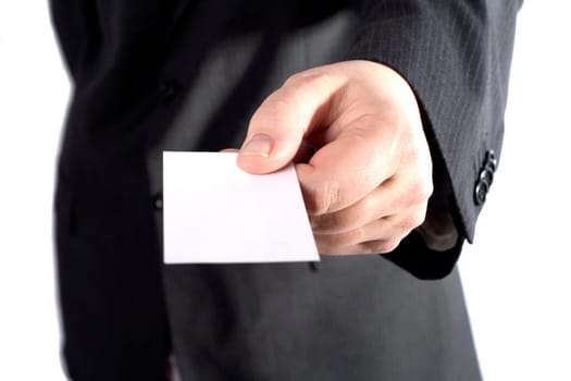 A business man handing out a blank card.