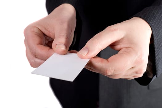 A businessman giving a card the Chinese way (with two hands).