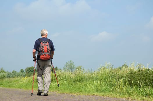 Senior man doing a Nordic Walk in the sun.