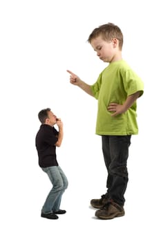 Caricature of a large son pointing his finger at the extra small dad. Not always do the parents tell what must be done!