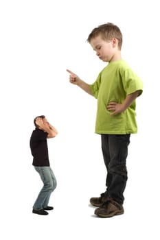 Caricature of a large son pointing his finger at the extra small dad. Not always do the parents tell what must be done!