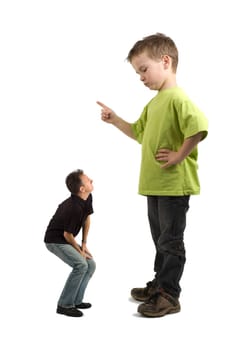 Caricature of a large son pointing his finger at the extra small dad. Not always do the parents tell what must be done!