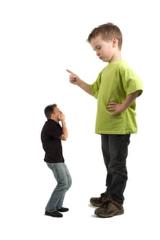 Caricature of a large son pointing his finger at the extra small dad. Not always do the parents tell what must be done!