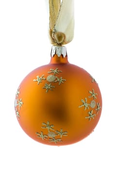 Golden Christmas ball hanging. Isolated on white.