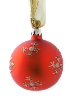 Red Christmas ball hanging. Isolated on white.